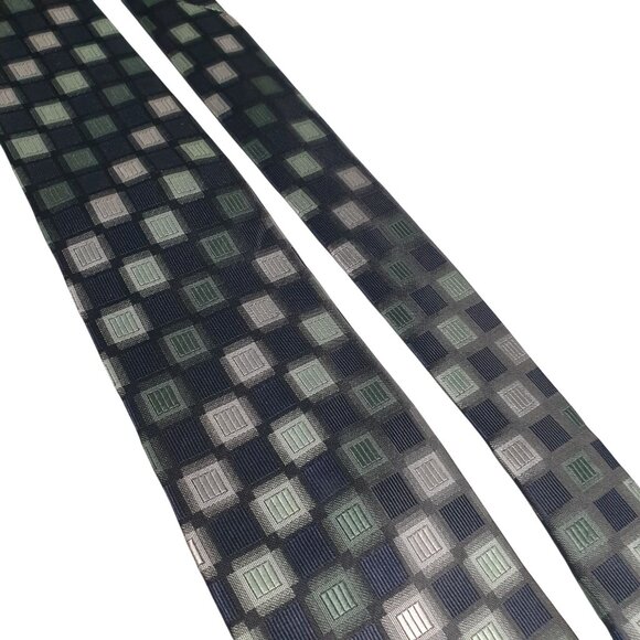 Croft Barrow Geometric Checkered Tie Navy Green Gray Polyester Office Gift Dad - Picture 2 of 6